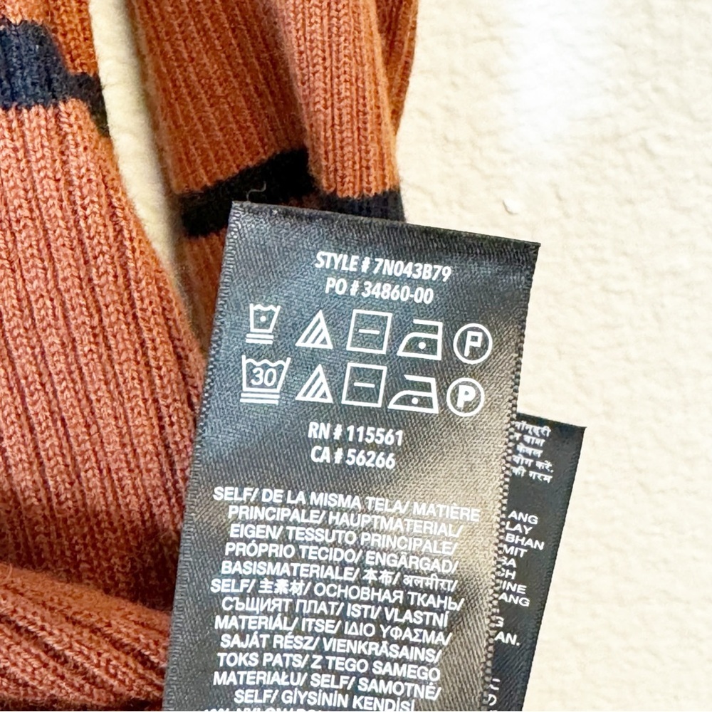 7 for All Mankind Brown Striped Cashmere Blend Puff Shoulder Crew Neck Sweater - Picture 5 of 6